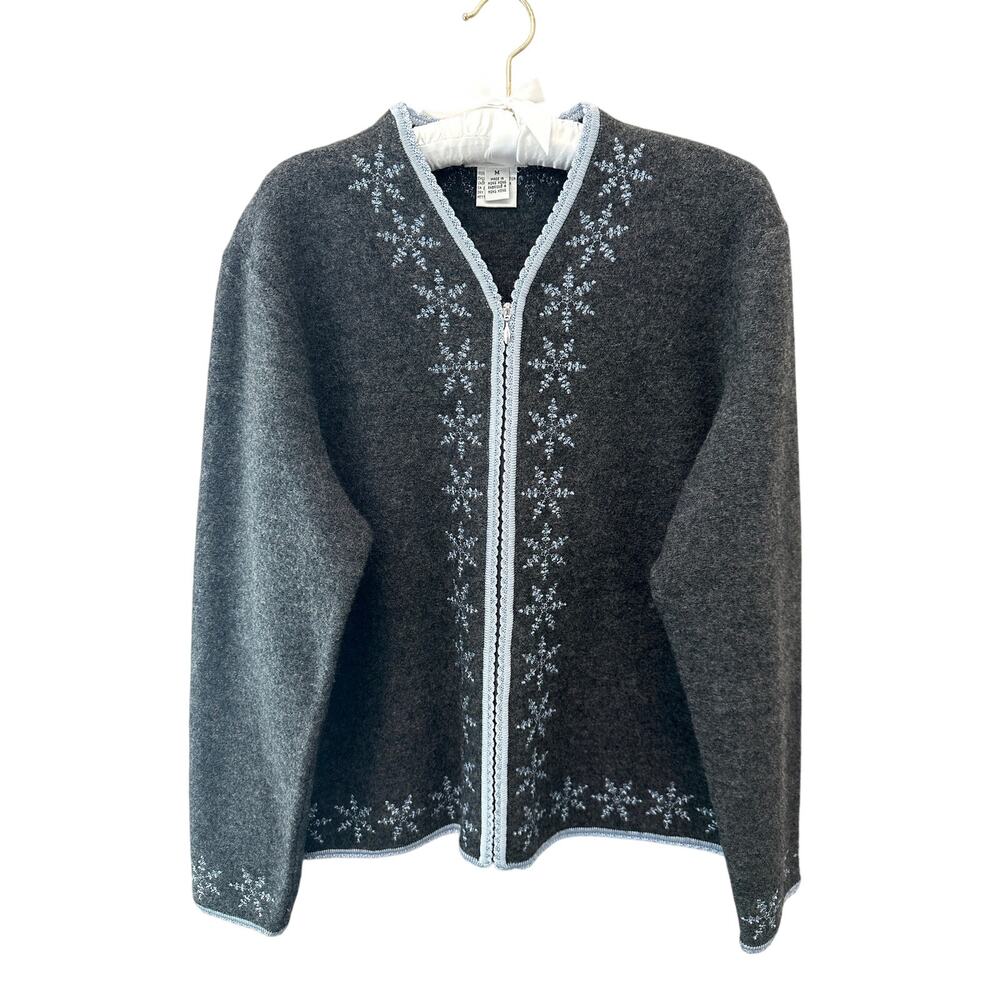TALBOTS 100% Wool Nordic Snowflake Zip Cardigan Gray Blue Boiled Wool Sweater M